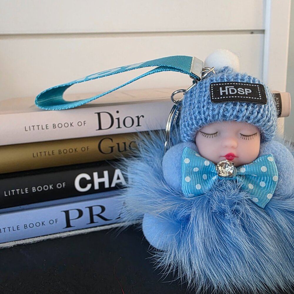 Cute Baby Sleeping Keychain with LOVE tag, Plush rabbit fur, Bag Charm